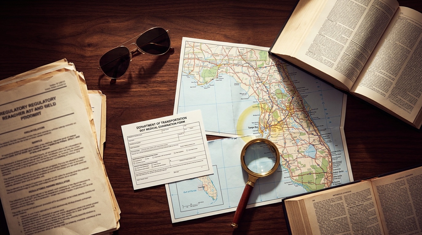 Mapa da Flórida com formulário médico DOT e documentos regulatórios CDL